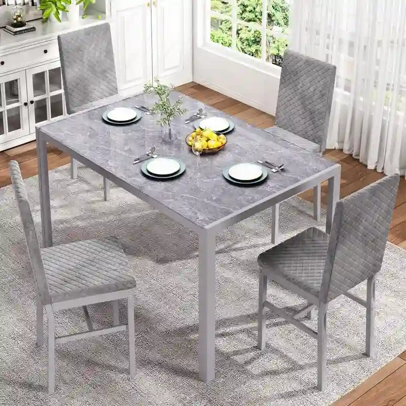 Grondin Modern Style 5-Piece Dining Room Table Set with Tempered Glass Tabletop and 4 Diamond Stitching PU Leather Dining Chairs