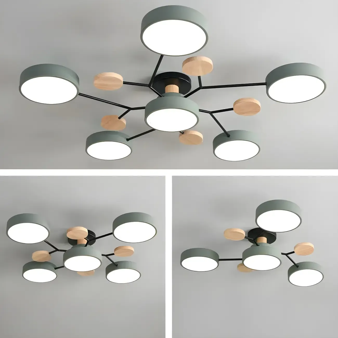 Large Gray Round Metal Semi-Flush Ceiling Light, 7-Light
