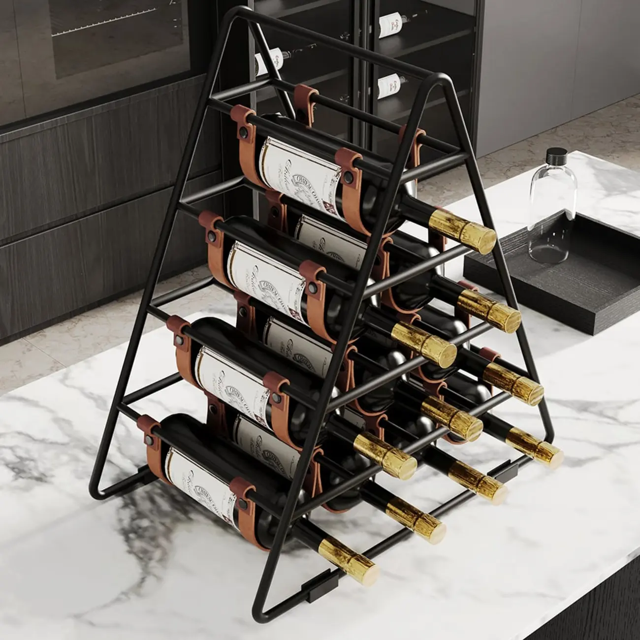 Industrial Black Metal Countertop Triangle 10 Bottles Wine Rack Holder