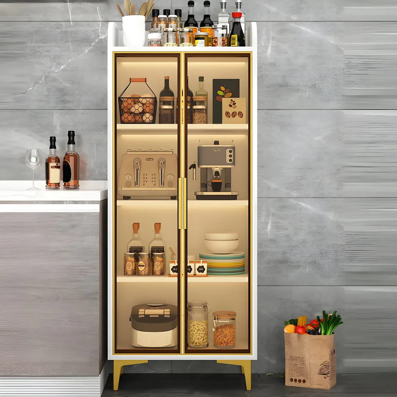 Glam White/Grey Wooden Sideboard with Glass Doors