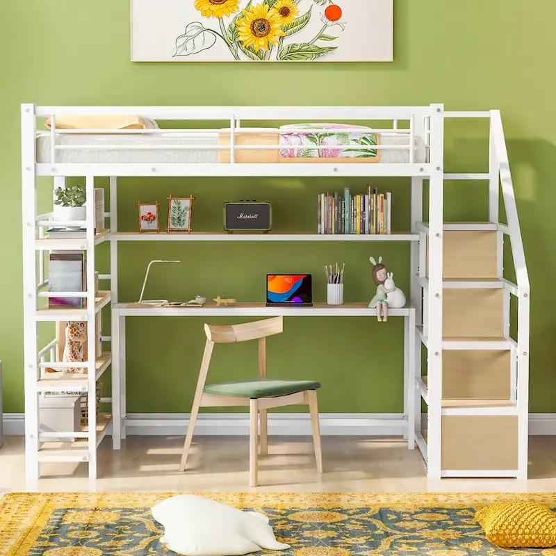 Metal Loft Bed with Staircase, Built-In Desk and Storage Shelves