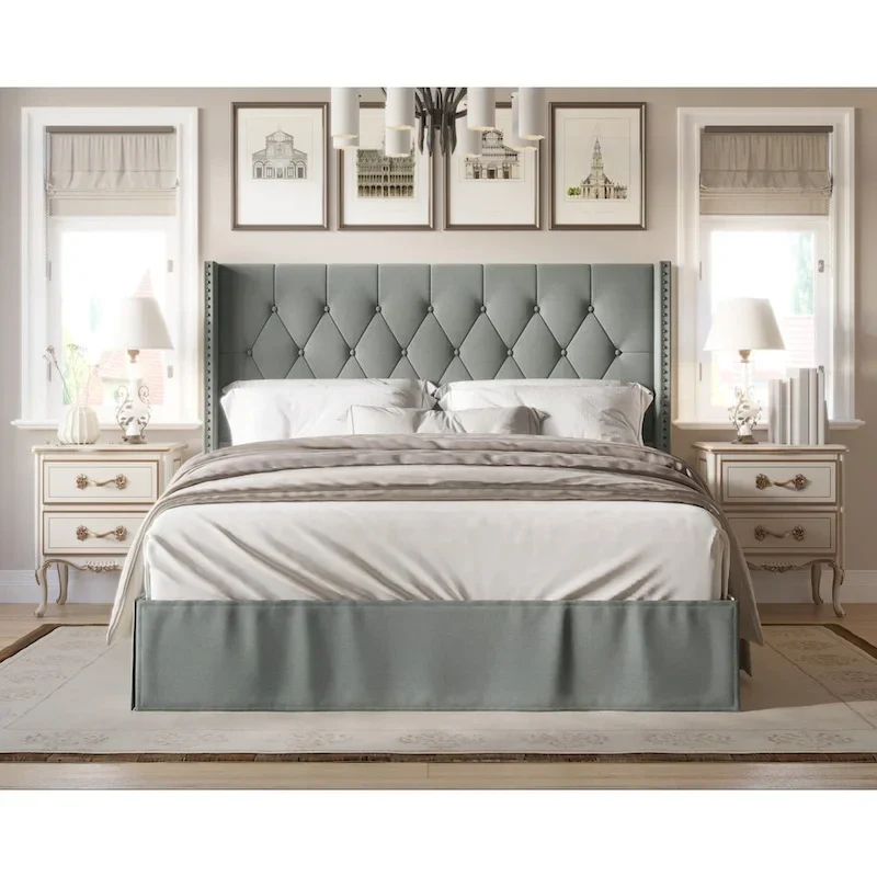 Tufted Upholstered Panel Bed, Wingback Headboard, Nailhead Trim, Seats 2, Grey/Black/Beige/Denim Blue, Twin/Full/Queen/King