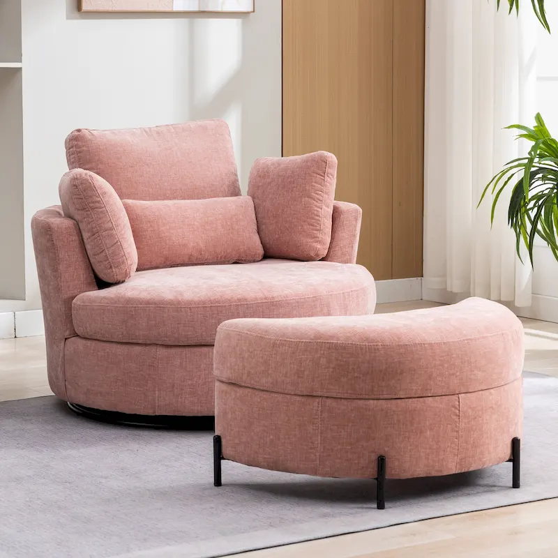 42.3 W Upholstered Swivel Accent Chair with 4 Pillows and Half-Moon Storage Ottoman