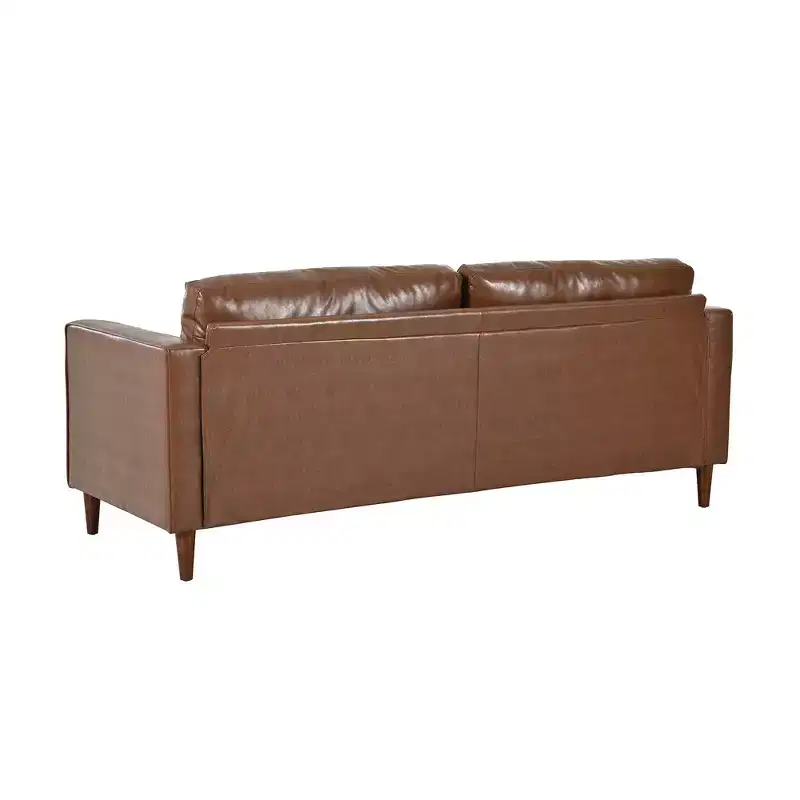 Whisen PU Leather 3-Seat Sofa, Mid-Century Modern Sofa Couch with Tufted Design, Solid Wood Legs, 2 Bolster Pillows