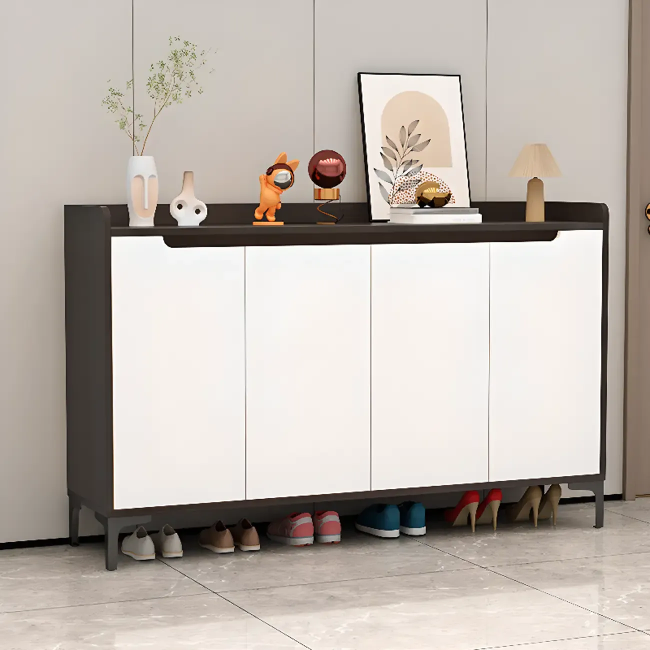 Sleek Milk Cocoa Wood Shoe Cabinet with Display Top