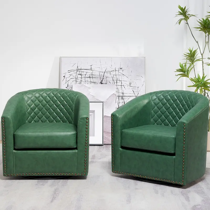 KINWELL 29 Wide Tufted PU Leather Swivel Barrel Chair (Set of 2)