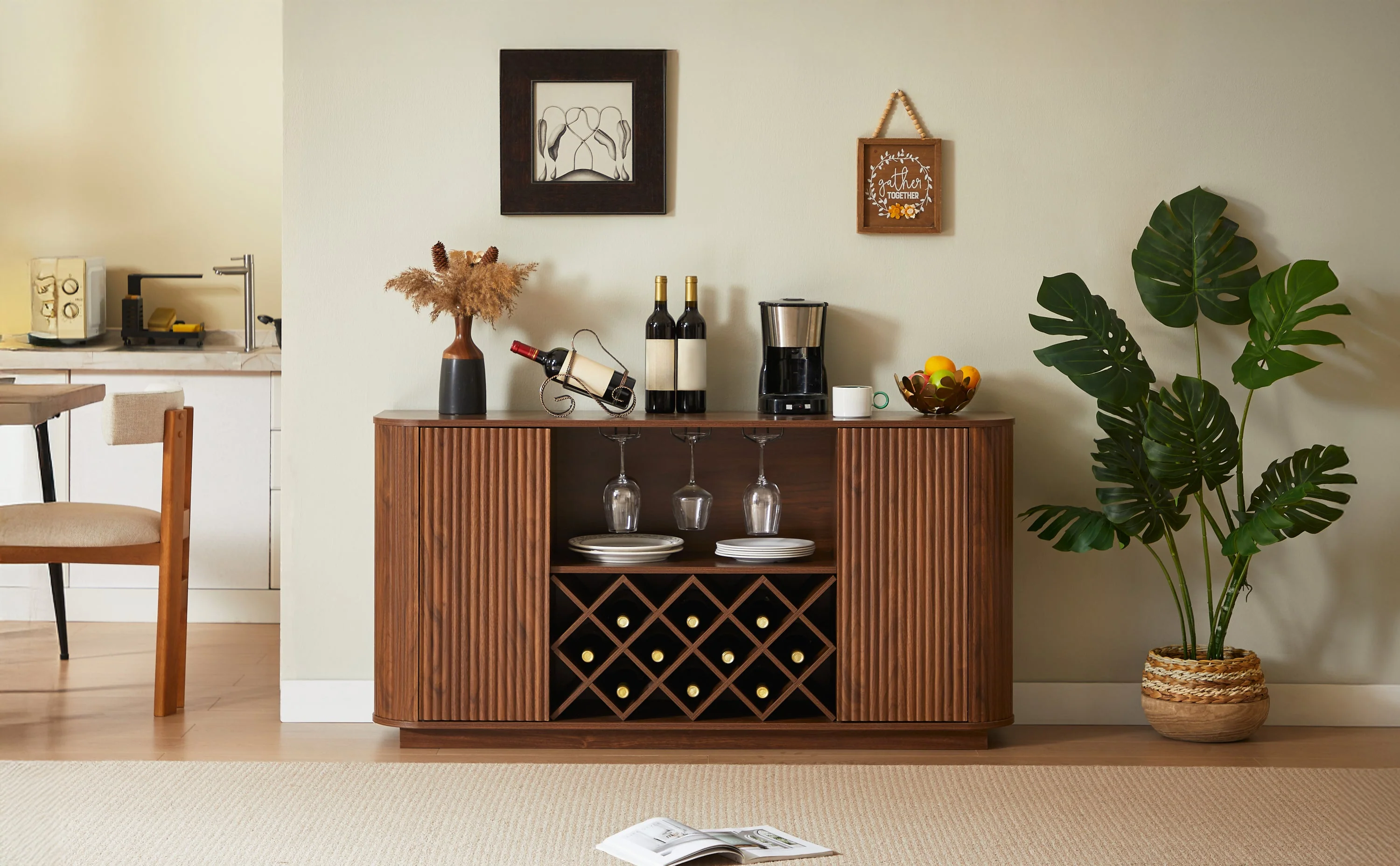 Modern Fluted Curve 58' Wine Rack Bar Cabinet / Sideboard