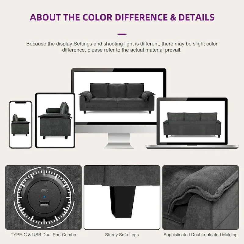 Tufted Upholstered 3 Seater Sofa Modern Chenille Couches