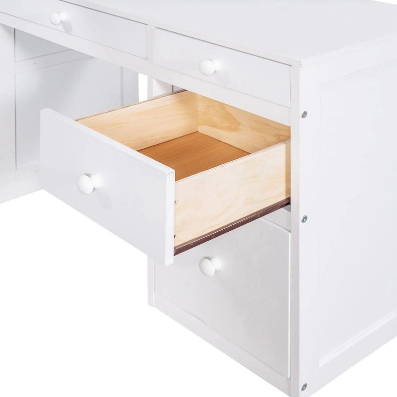 White Solid Wood Twin Size Loft Bed, Equipped with Stairs and Built-in Desk, with Shelves and Multiple Storage Drawers