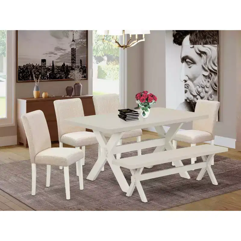 Natural Oak 6-Piece Rectangle Dining Set for 5, Table with Bench and 4 Chairs