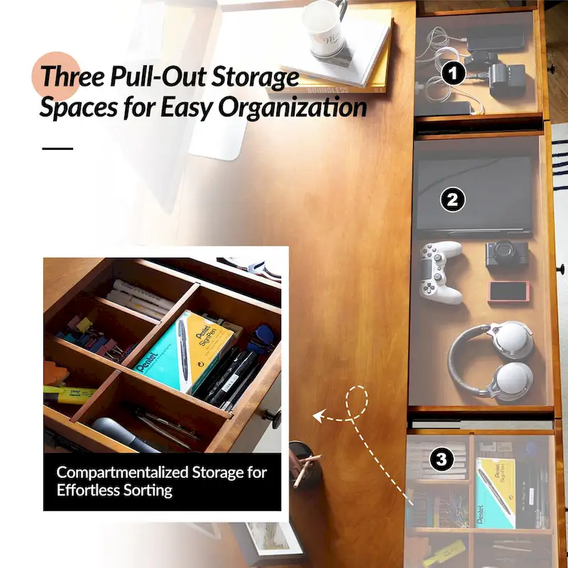 Mid-century Office Desk with Drawer Divider&Cable Management&Charging Station