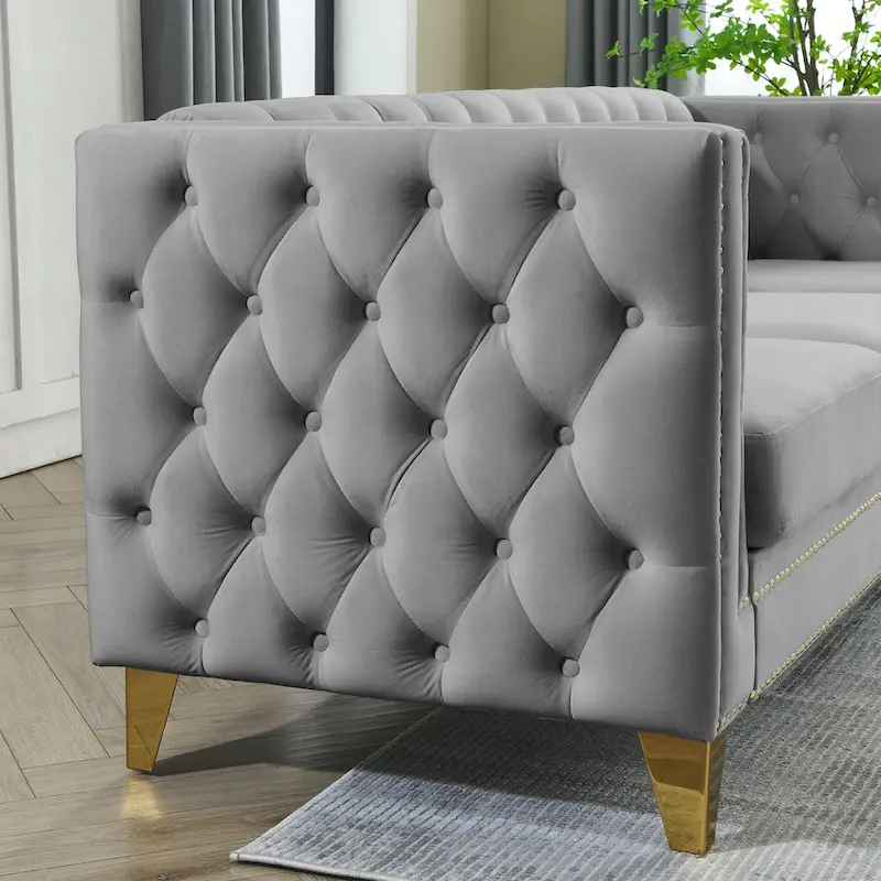 2-Pieces Velvet Upholstered 3 Seat Sofa, Classic Chesterfield Couch Buttons Tufted Square Arm Sofa with Nailheads and Metal Legs