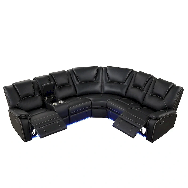 Modern Faux Leather Manual Reclining with Center Console with LED Light Strip,Living Room Furniture Set,PU Symmetrical Couch