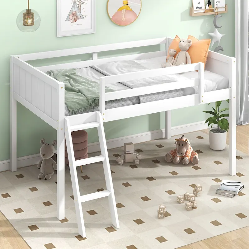 White Twin Size Solid Wood Low Loft Bed with Ladder and Fence Baffle, and Wood Slats Support for Bedroom