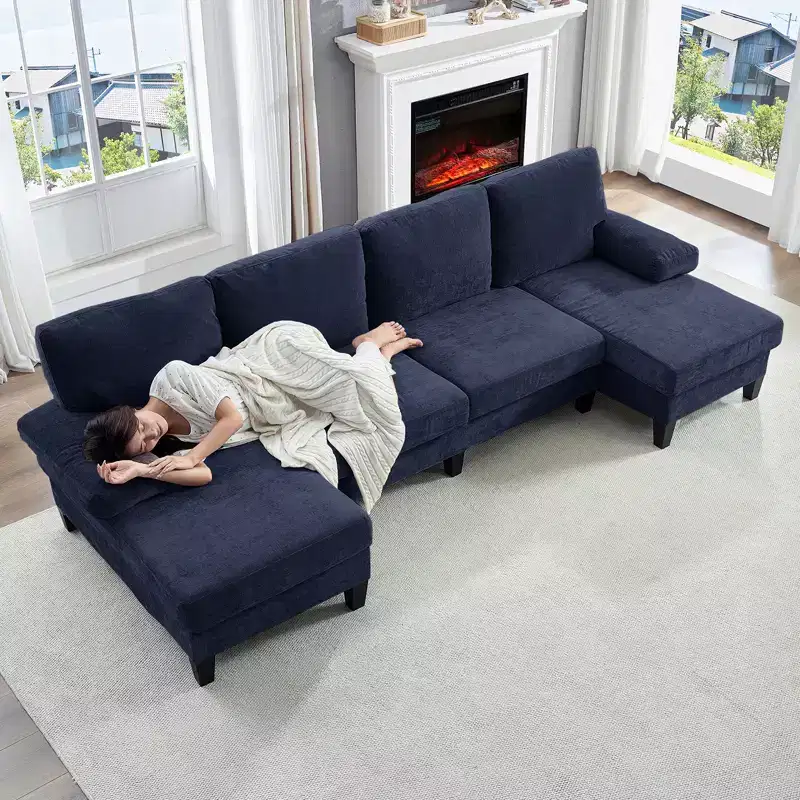 Mjkone 110U-Shaped Sectional Couches,Chenille Upholstered Large 4-Seater Sofa with Double Chaises and Sleepable Armrests