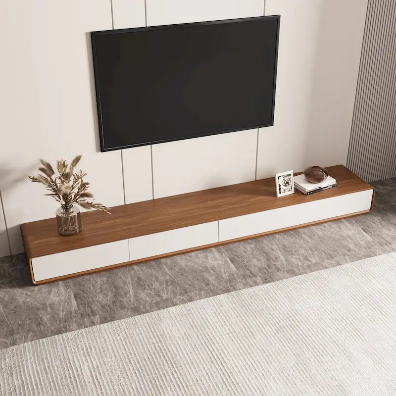 Modern Rectangular TV Stand with 4 Drawers, Wood Veneer Media Console, Walnut White, Soild Wooden, Fully-Assembled