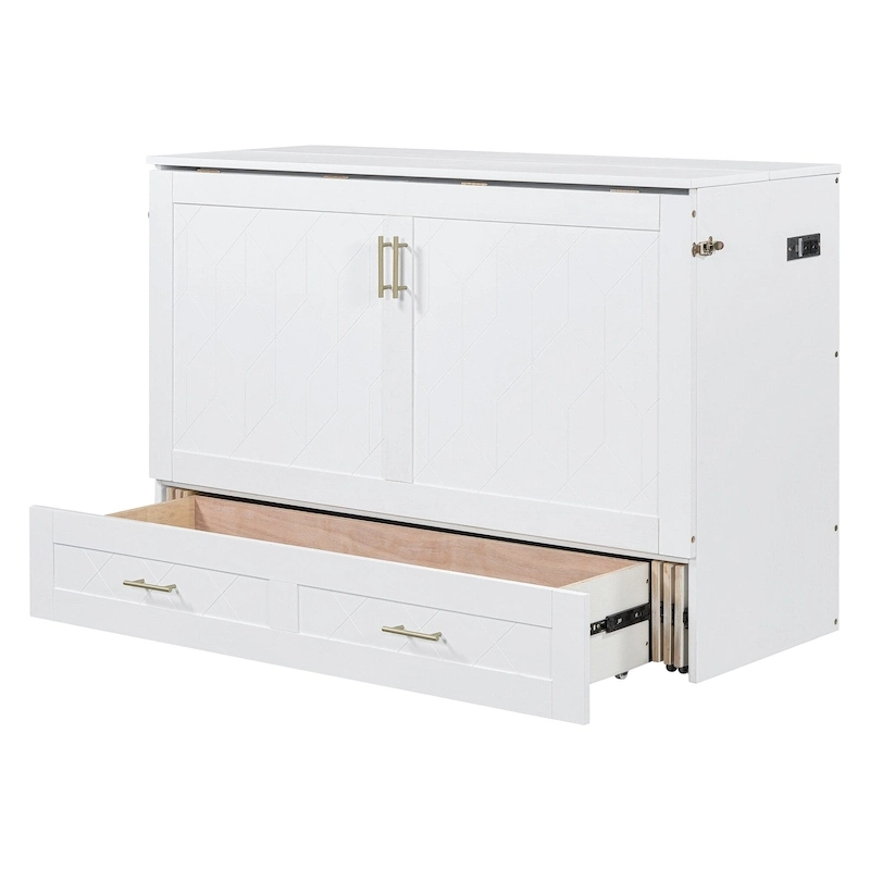 Full Size Murphy Bed Wall Bed with drawer and a set of Sockets & USB Ports, Pulley Structure Design