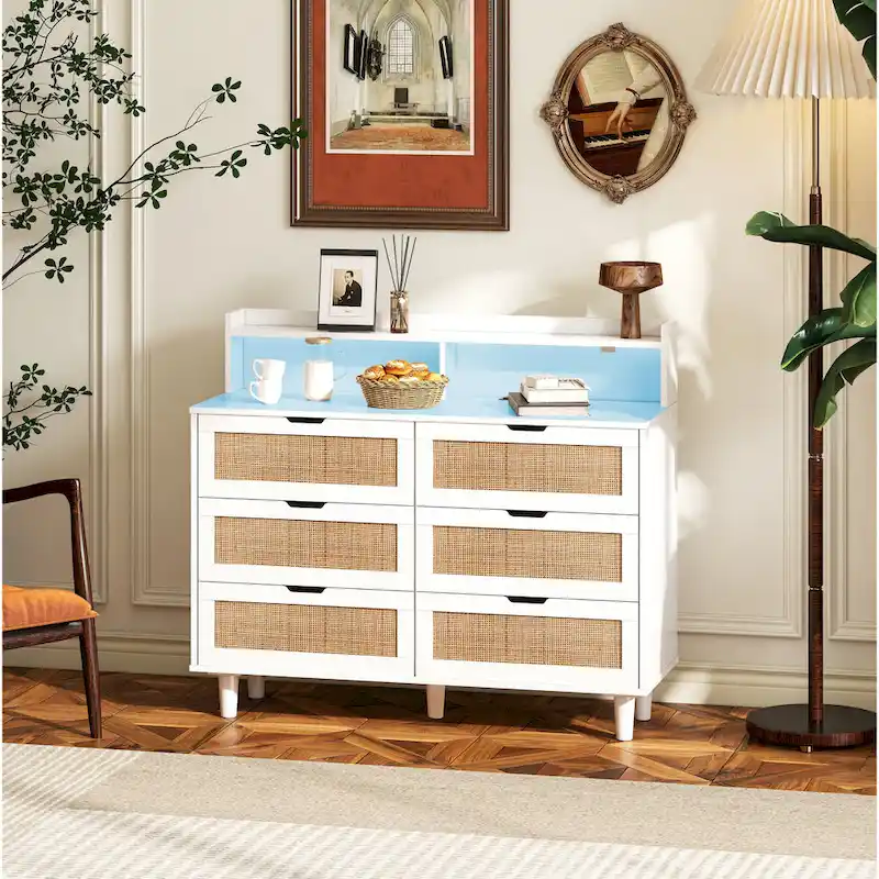 6-Drawers Rattan Storage Dresser Cabinet with LED Lights and Power Outlet