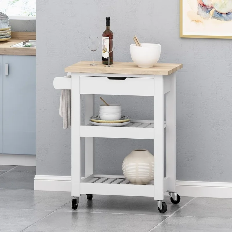 Compact Wooden Kitchen Cart with Wheels Shelves and Drawer