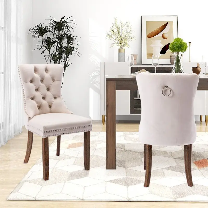 Velvet Dining Chairs Set of 2, Upholstered High-end Tufted Dining Room Chair with Nailhead Back Ring Pull Trim Solid Wood Legs