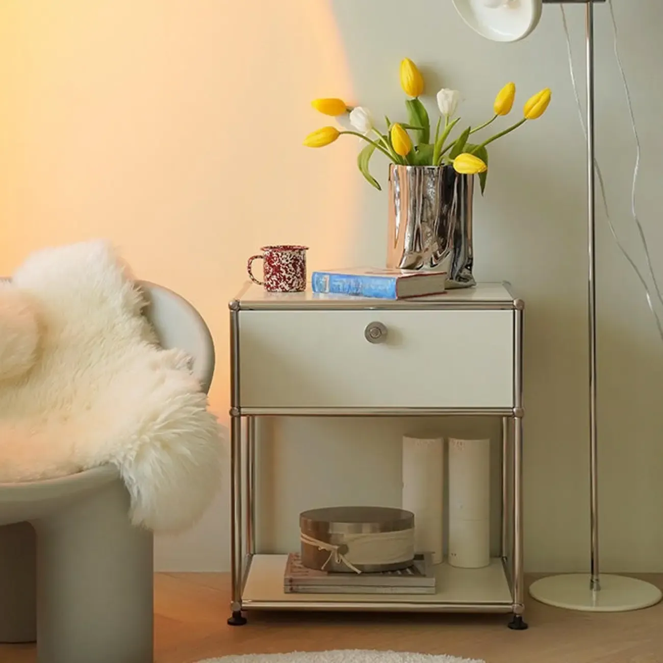 Modern Steel Nightstand with Drawer and Open Shelf