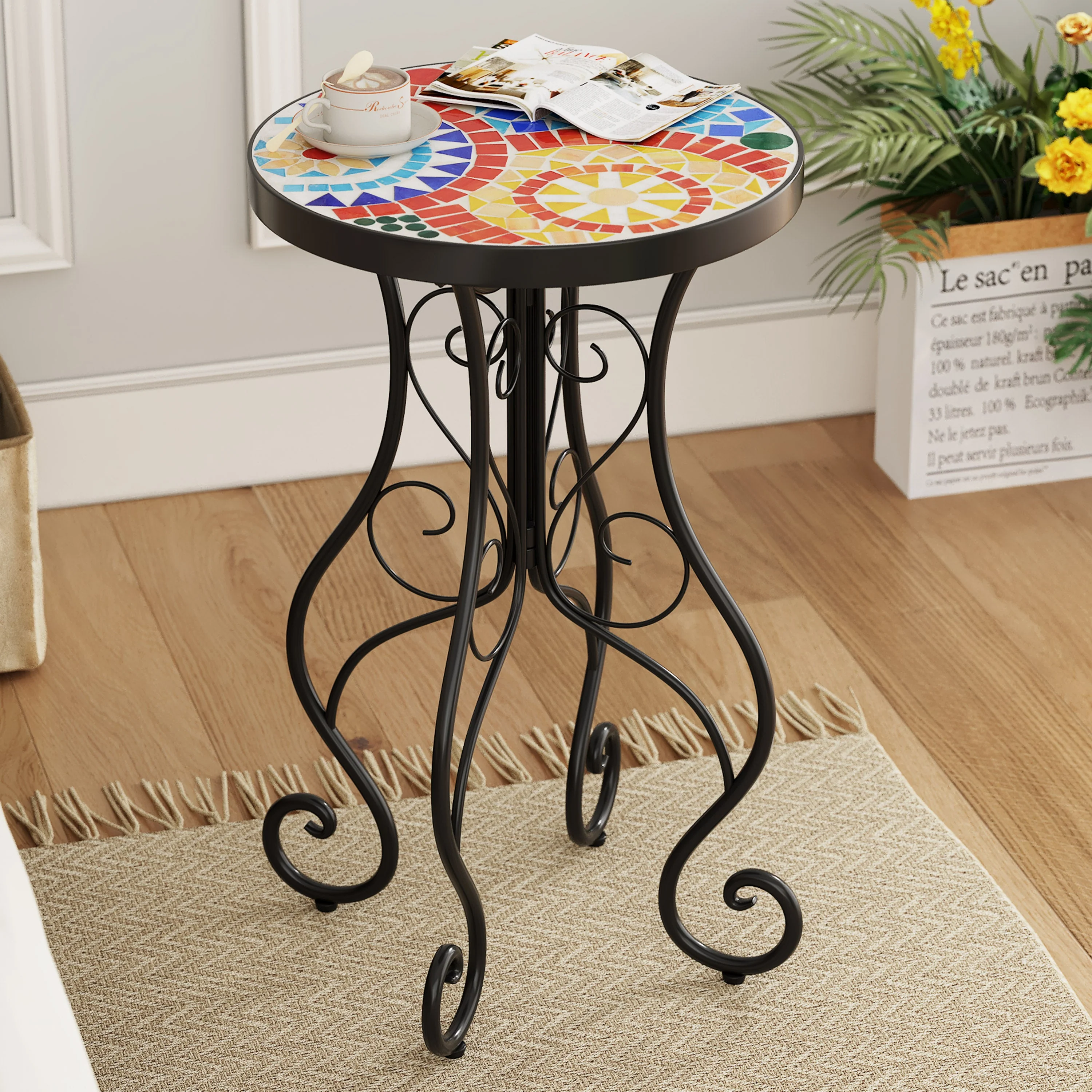French Country Floral Tile Outdoor Side Table ¨C 14 Round Ceramic Top