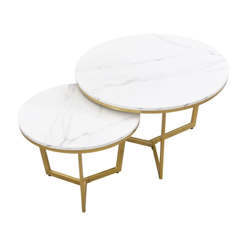 2Pcs Modern Round Nesting Coffee Table Set with Marbling Top Design and Gold Base