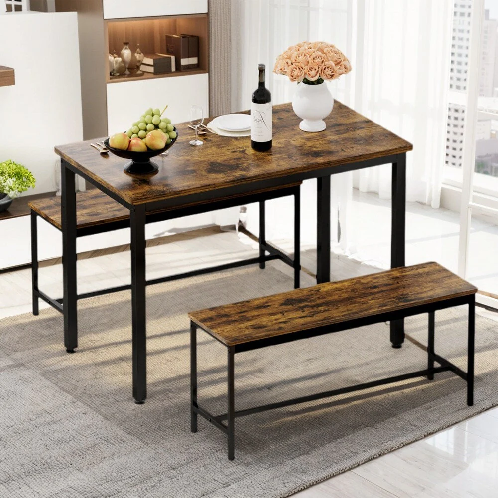 Dining Table Set, Wood Bar Table Set, Kitchen Table w/2 Benches - 3-Piece