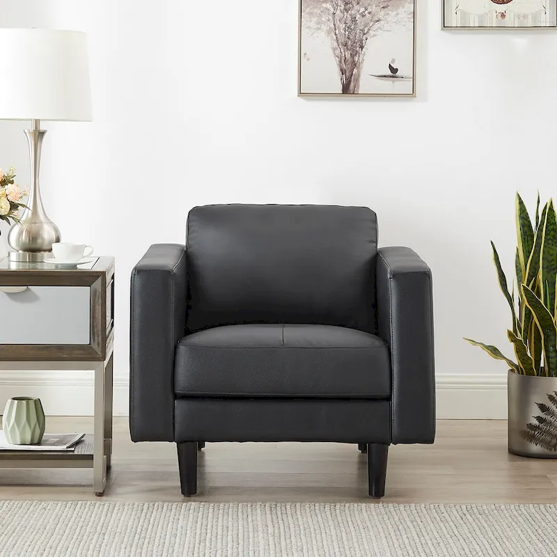 Genuine Leather Accent Chair, Black/Tan, Mid-Century Modern, High-Density Cushion, Seats 1