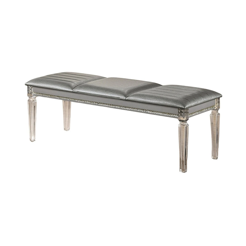 Sam 54 Inch Modern Upholstered Bench, Clear Acrylic Legs, Crystal Accents