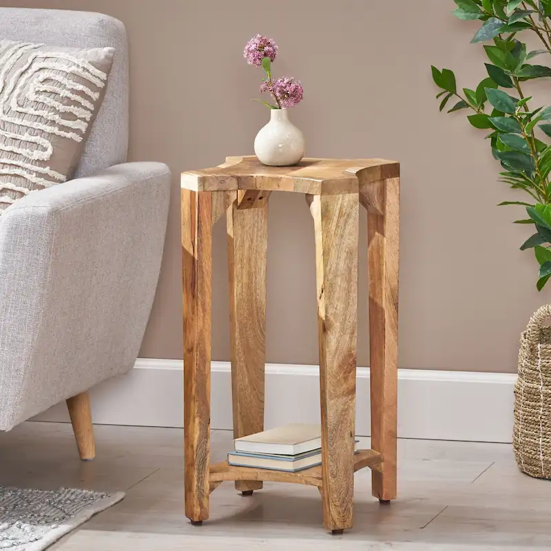 13  Boho Wooden Side Table with Handcrafted Wood Structure and Concave Design