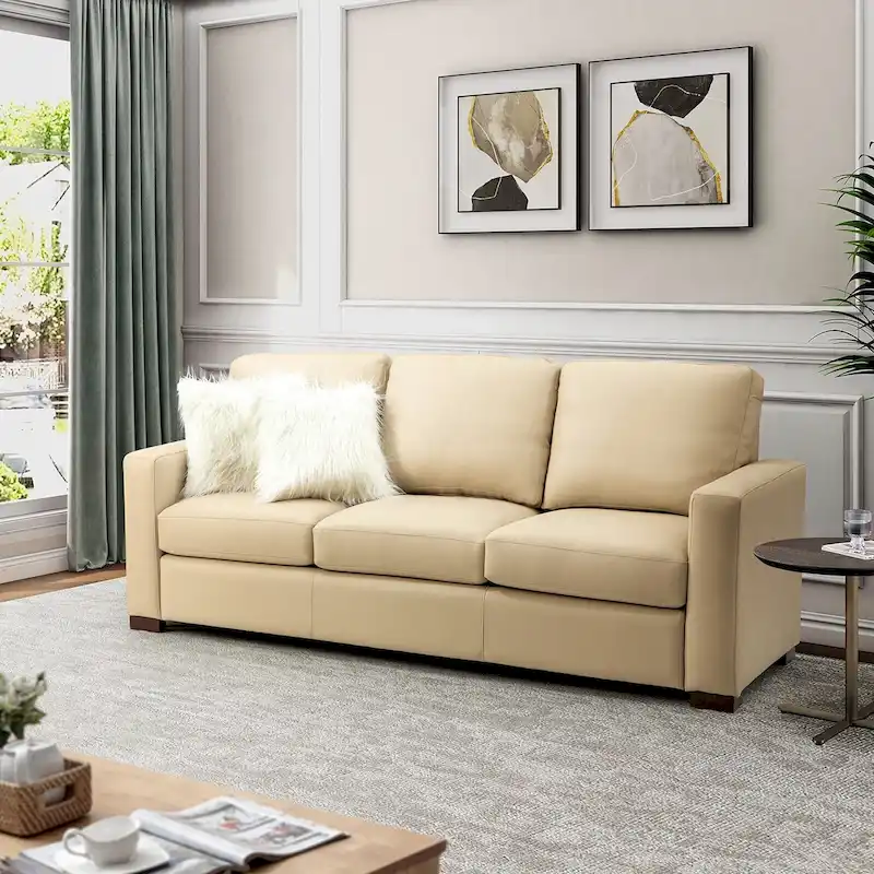 Ernando 83.46 Wide Genuine Leather Sofa with Squared Arms and Pillows