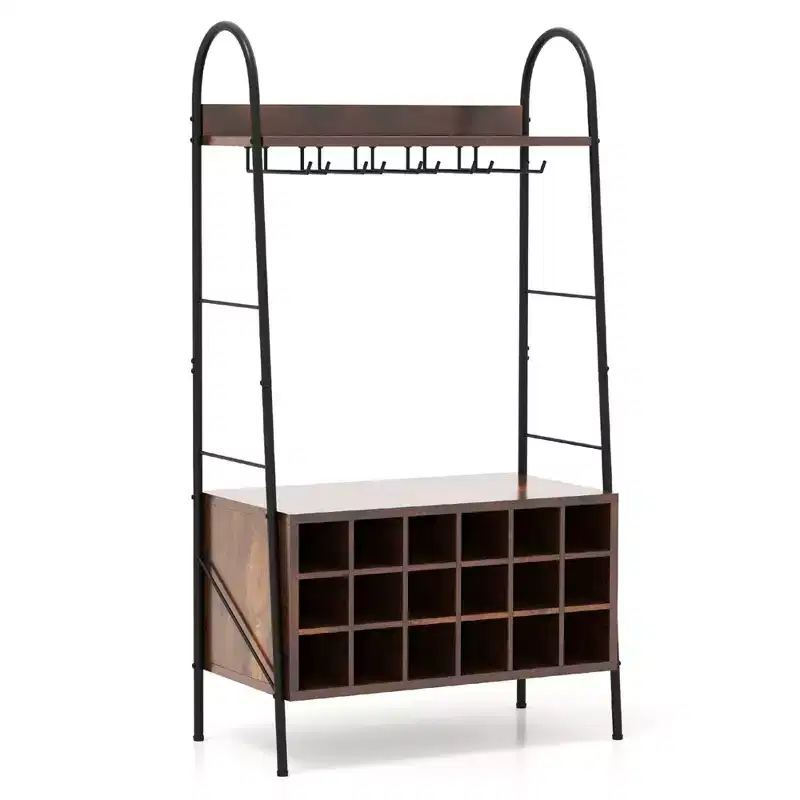 Costway Industrial Rack Freestanding Bottle Holder with Stemware Holder & Open Shelves