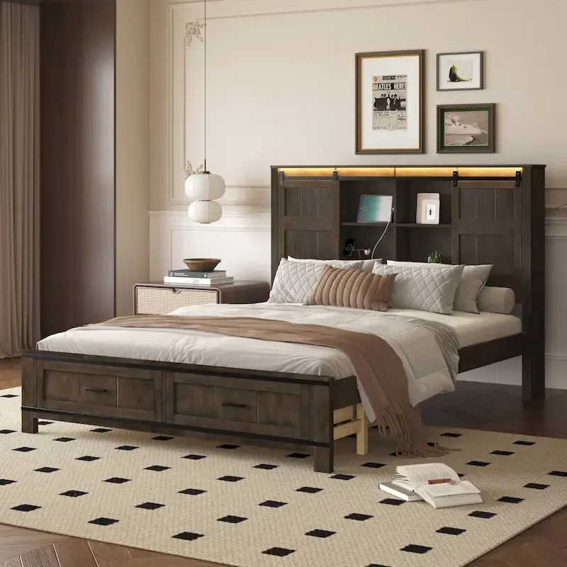 Queen Wood Platform Bed with 8 Shelves, 2 Drawers, Barn Door LED Design & USB