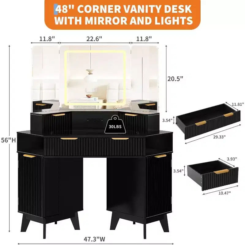 Acekool Fluted Vanity Table with Mirror, Glass Top, Cabinet and Drawers, Makeup Desk