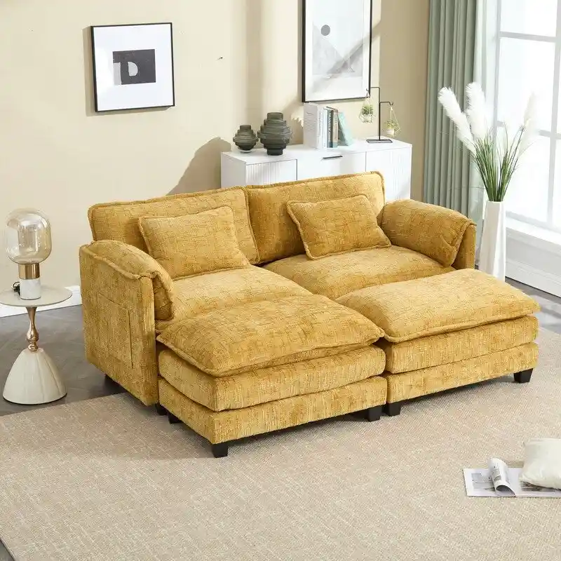 76.77  Chenille Upholstered Sofa with 2 Ottomans