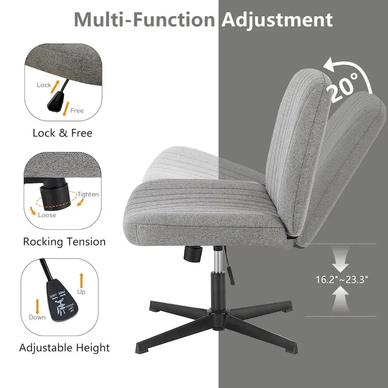Criss Cross Legged Office, Wide Comfty Desk, Wheels Armless Computer Task, Swivel Vanity Home Chair, Height Adjustable