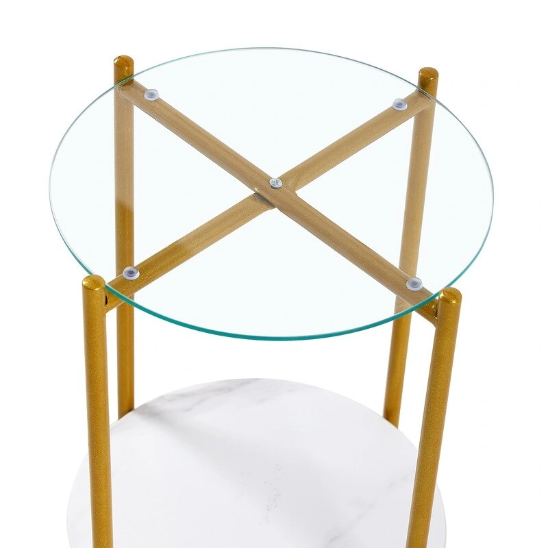 2 Tier Round Side Table with Tempered Glass Modern End Tables