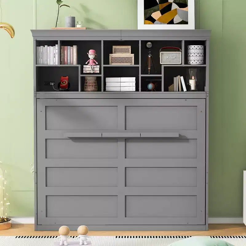 Whisen Modern Design Queen Size Murphy Bed Wall Bed, Folded into a Cabinet with Top Shelves and USB Ports
