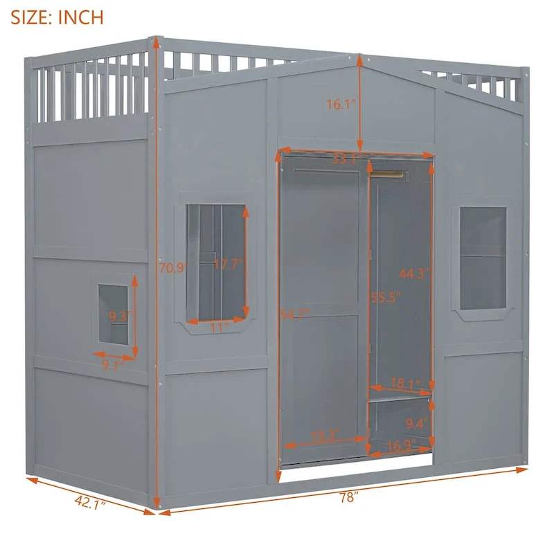 Twin Size House Loft Bed With Ladder and Wardrobe