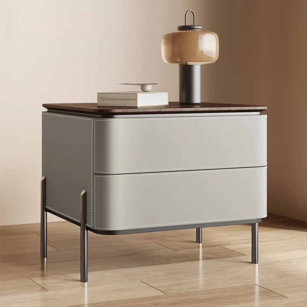 Modern Wood Top Leather Drawer Nightstand Including Metal Legs