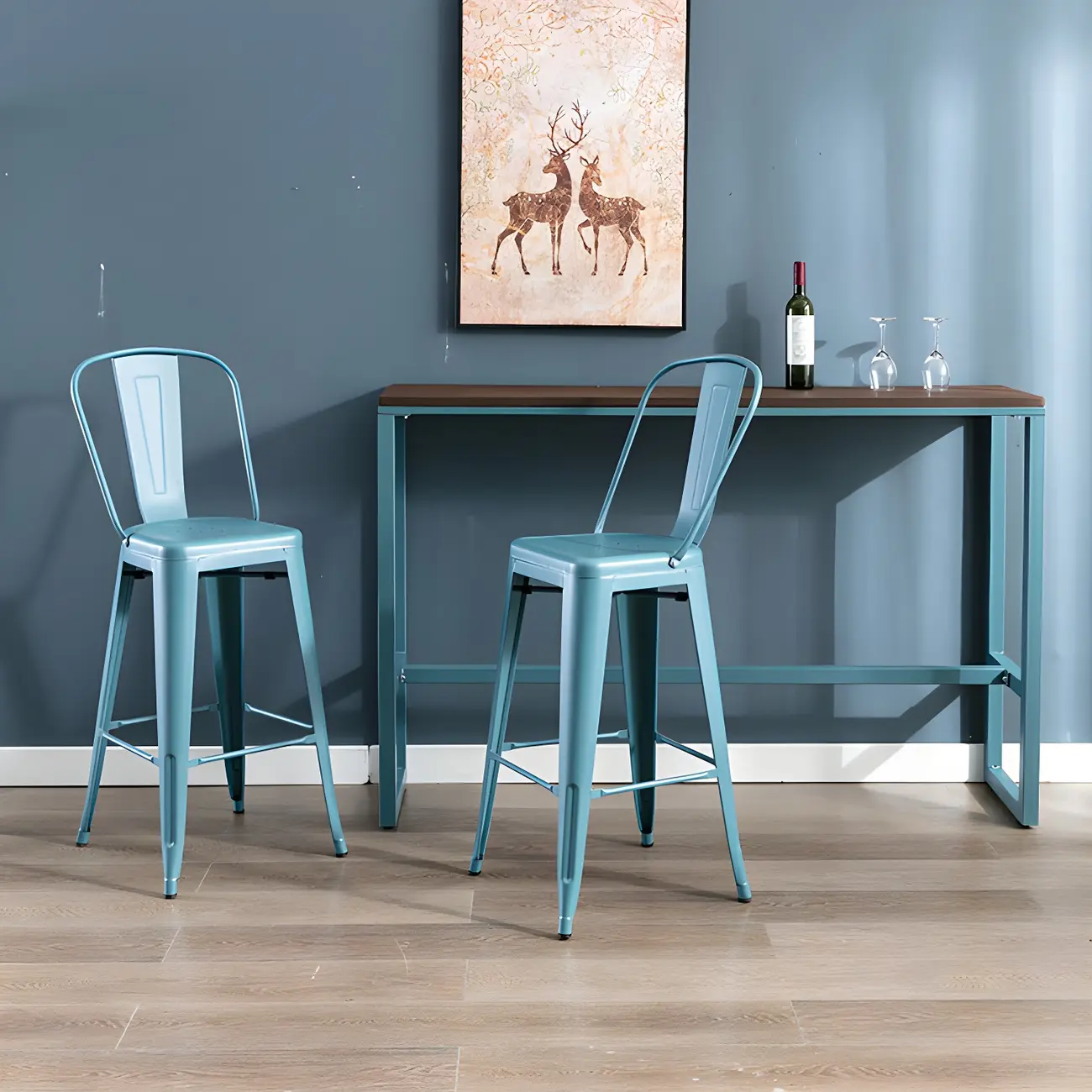 Scandinavian Brown Wood Blue Metal Footrest Bar Tables