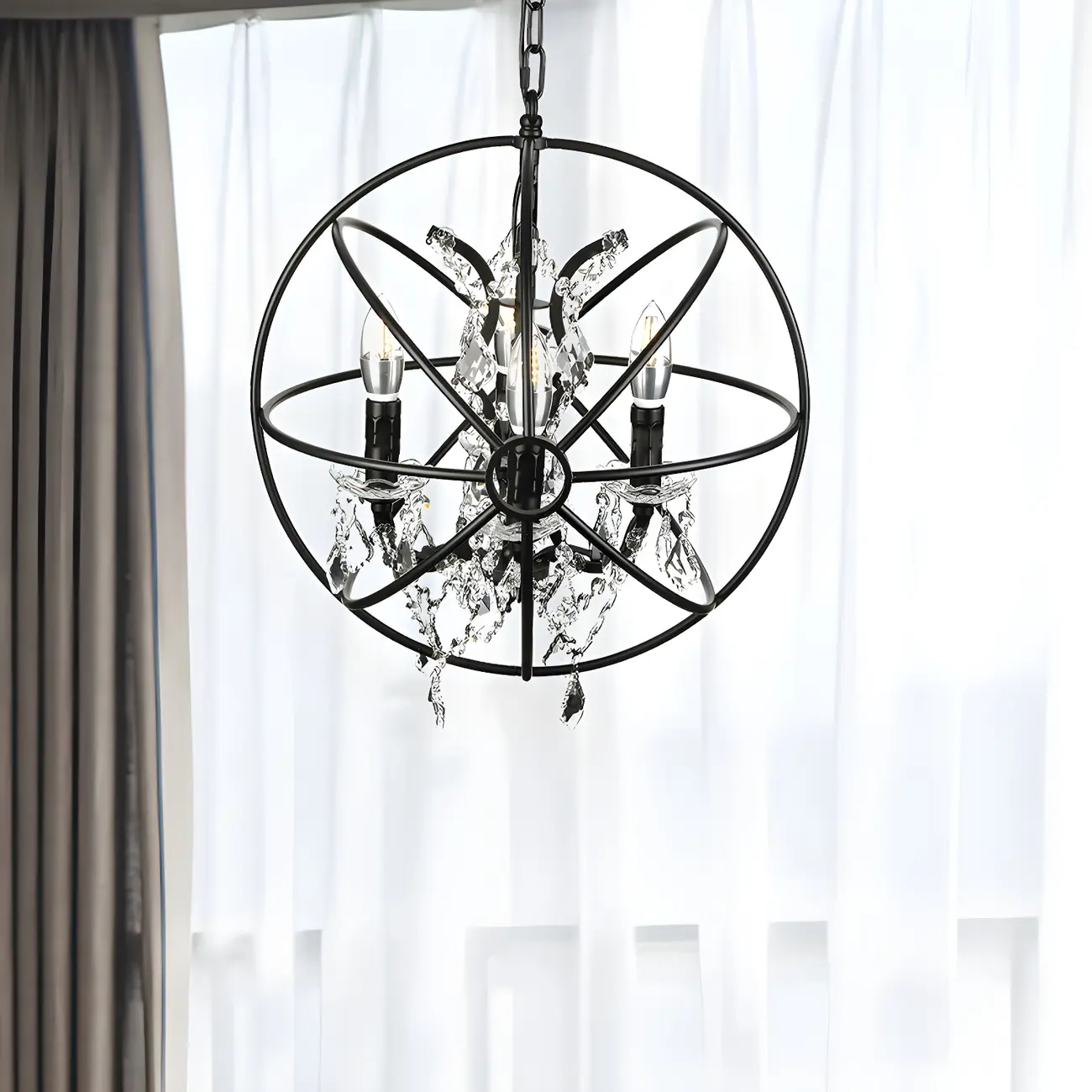 4-Light Industrial Black Iron Chandelier with Crystal