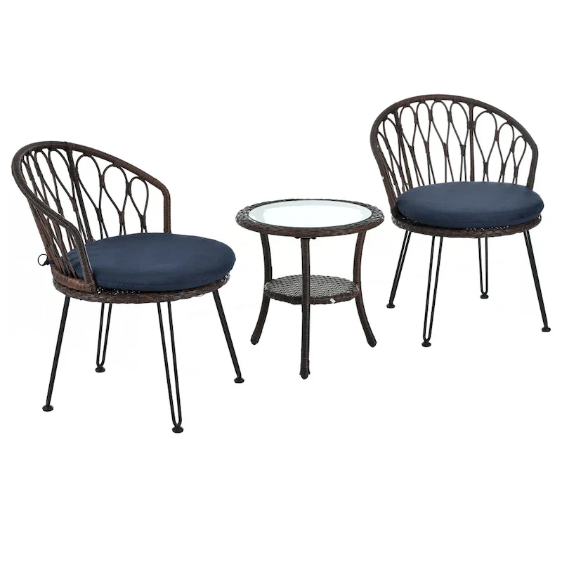 2 Rattan Single Chairs with A Glass Round Table