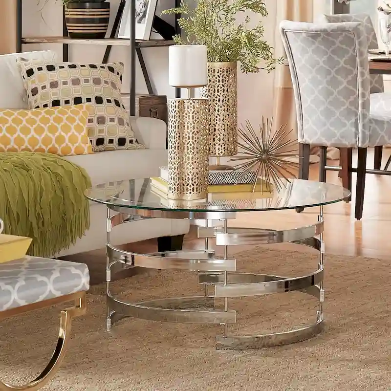 Nova Round Glass Top Vortex Iron Base Accent Table by