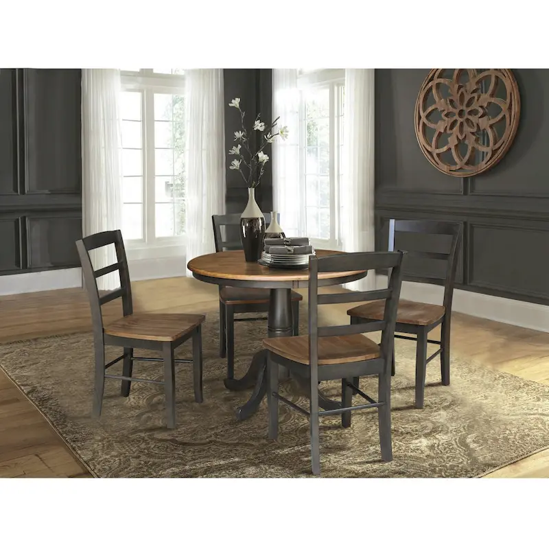 International Concepts Solid Wood 36 Round Pedestal Dining Table with 4 Madrid Ladderback Chairs