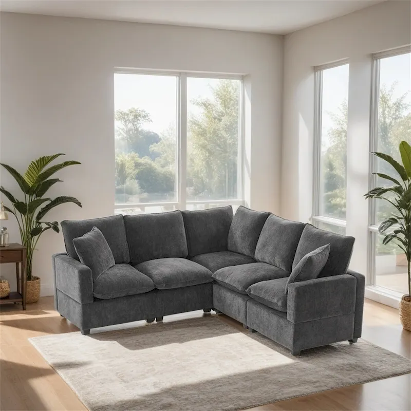 Modern L Shape Modular Sofa,Chenille Sectional Couch Set w/2 Pillows