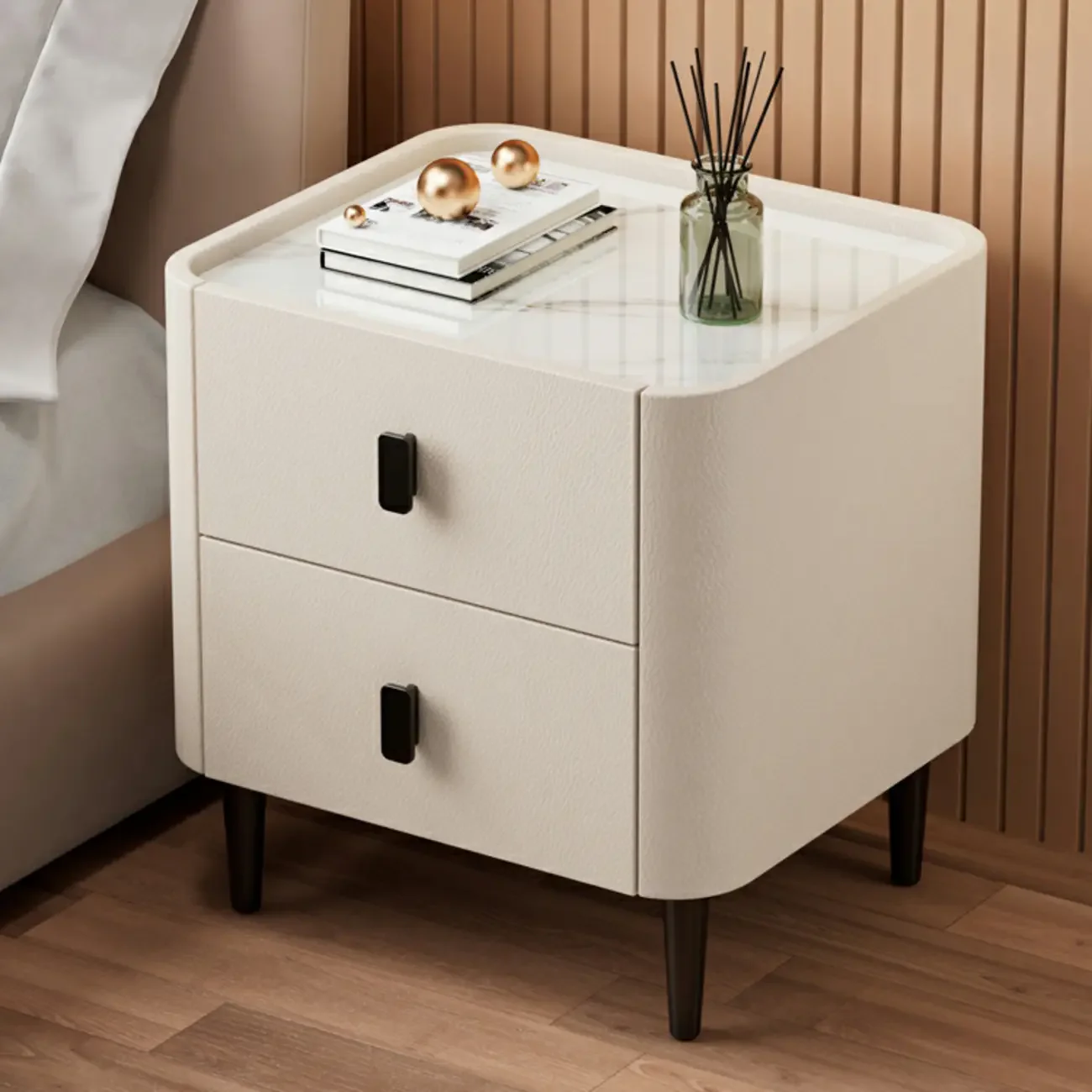 Modern Leather Stone Tray Top 2-Drawer Nightstand