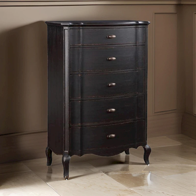 Cherry 38 Inch Tall Dresser Chest, 5 Drawer, Cabriole Legs Black Rubberwood