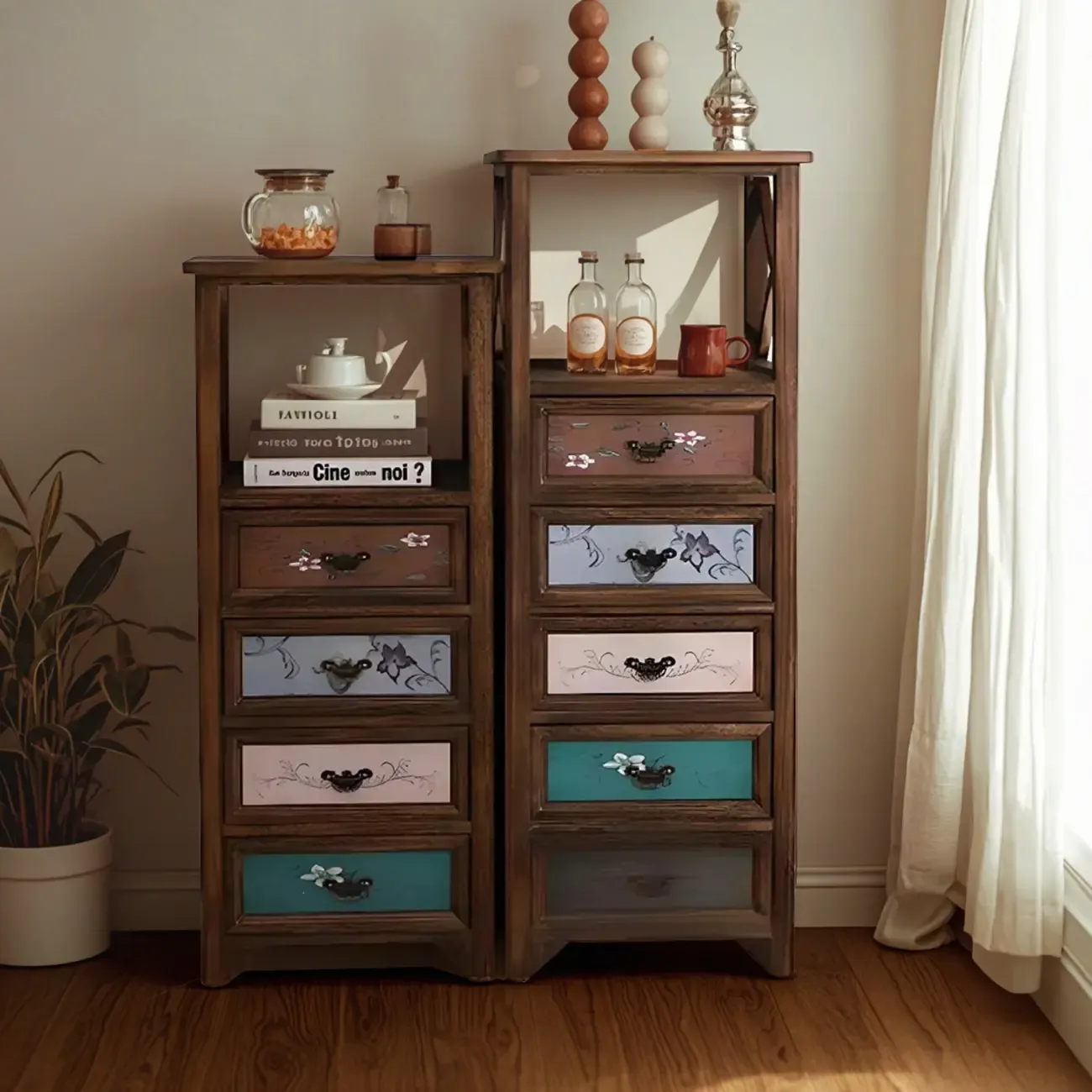 Industrial Rectangular Brown Wooden Drawer Cabinet